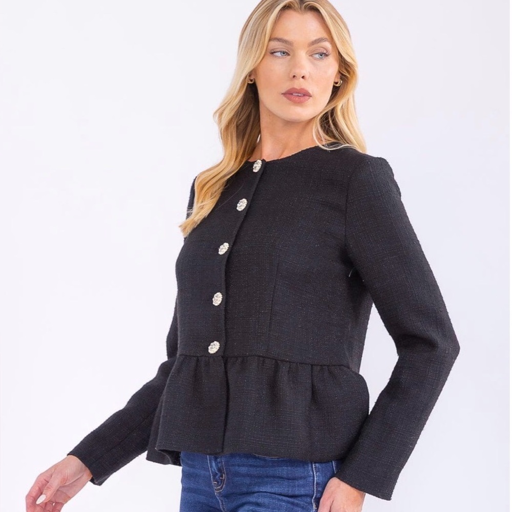 Elegant Black Peplum Tweed Jacket NWT - Picture 2 of 4